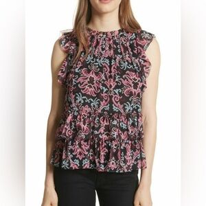 KATE SPADE New York Silk Tapestry Chiffon Ruffle Top Sleevelelss Blouse Size M